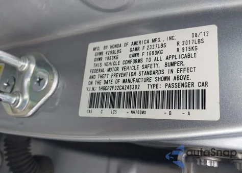 2012 Honda Accord 2.4 Lx from USA, damaged, VIN 1HGCP2F32CA246392